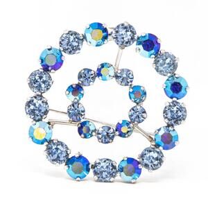 Vintage Sherman Blue Rhinestone Double Circle Brooch Pin, Aurora Borealis Accent